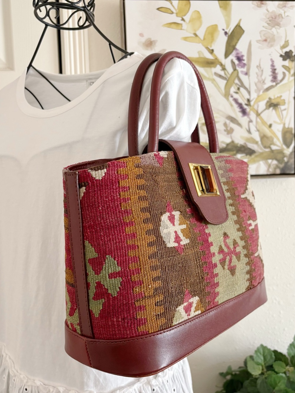 Red Kilim-Pattern Leather-Trim Tote - Picture 2 of 10